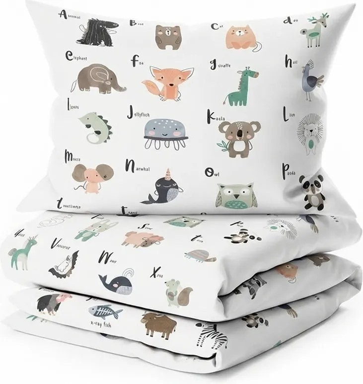 Pamut ágynemű kiságyhoz ANIMAL ALPHABET fehér Ágyneműhuzat mérete: 45 x 65 cm | 90 x 135 cm