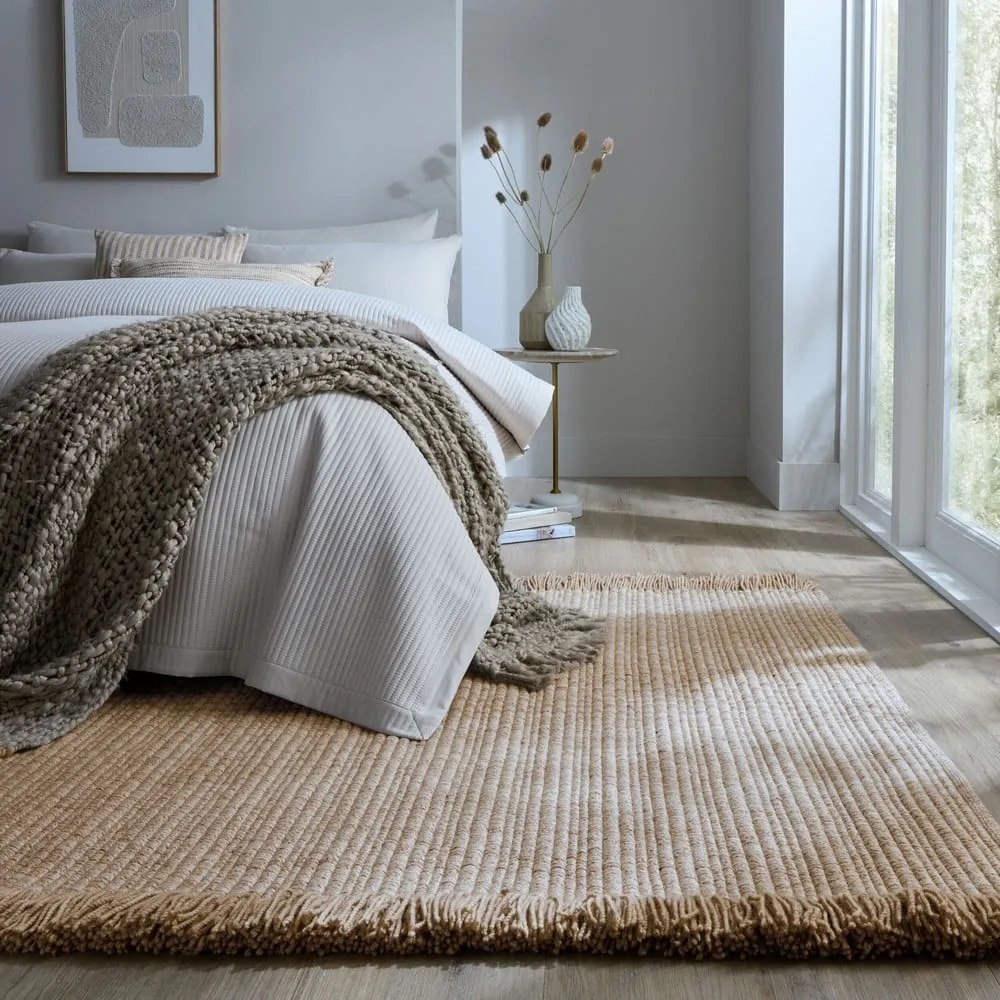 Bézs kézi szövésű gyapjúkeverék szőnyeg 200x290 cm Rene Fringed Ribbed – Flair Rugs