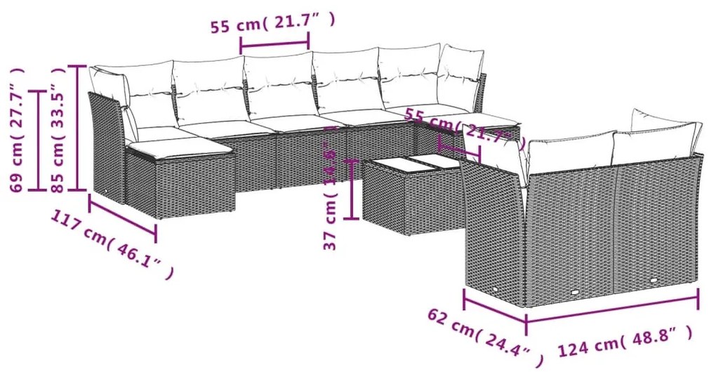 10 részes fekete polyrattan kerti ülőgarnitúra párnákkal