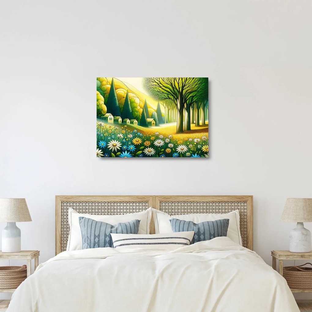 Üveg kép - Falu sárga-zöld színekben (70x50 cm)