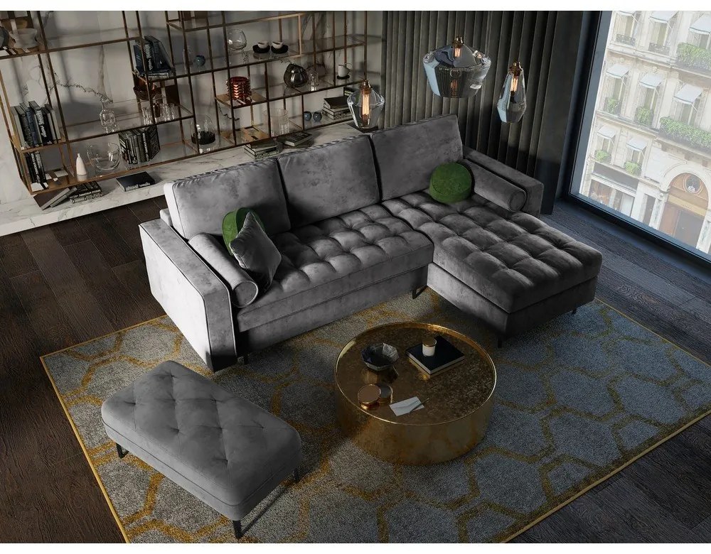 Santo sötétszürke kinyitható bársony sarokkanapé, jobb oldali - Milo Casa