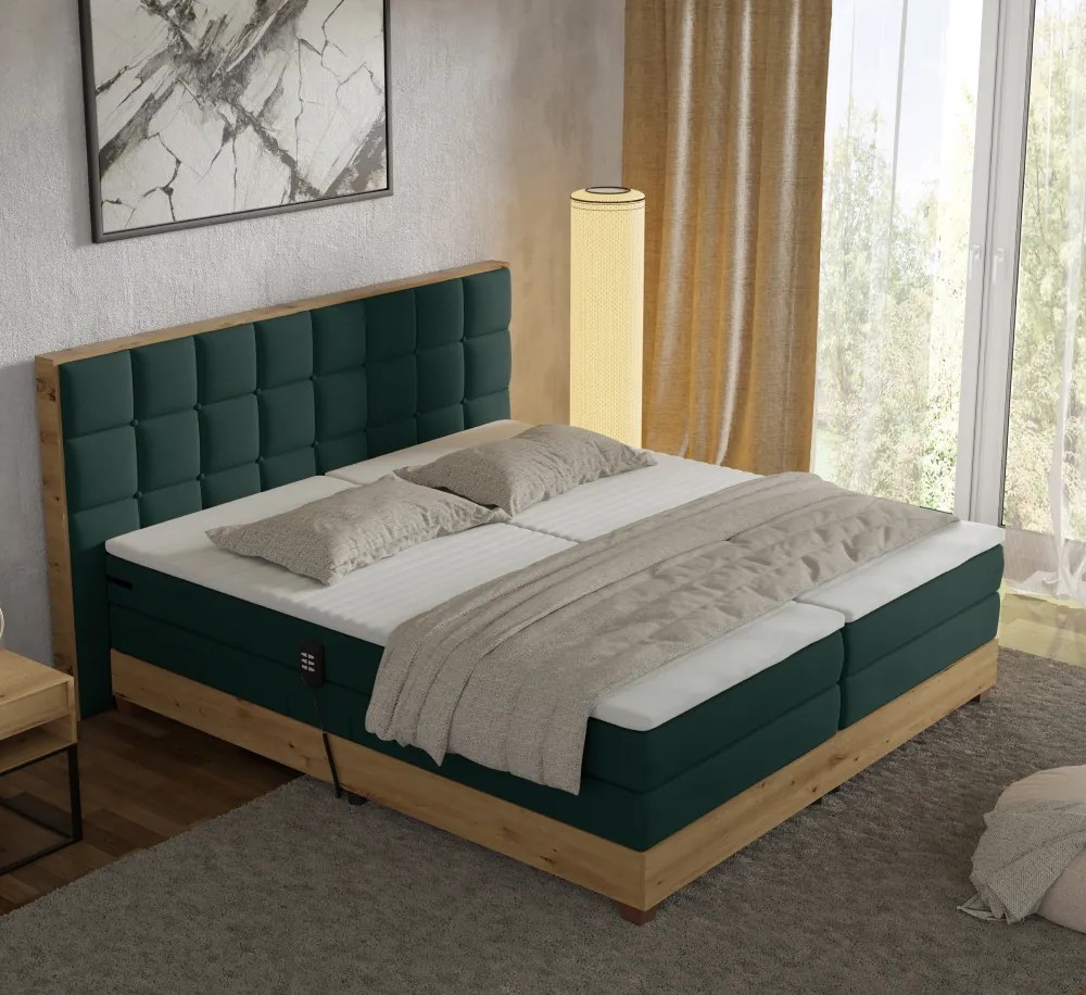 Elektromos állítható ágy, boxspring, zöld/artisan tölgy, 180x200, TIANA