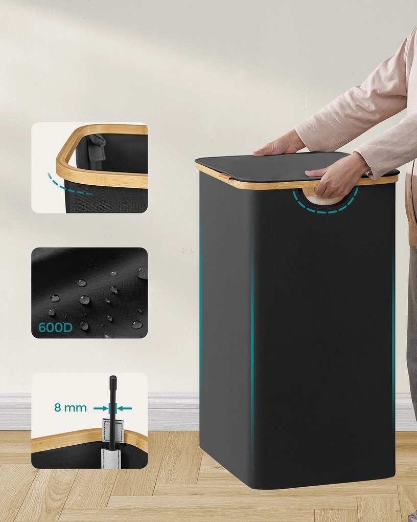 szennyeskosár fedéllel 130l, 2 rekeszes nagyméretű szennyes tartó, fekete