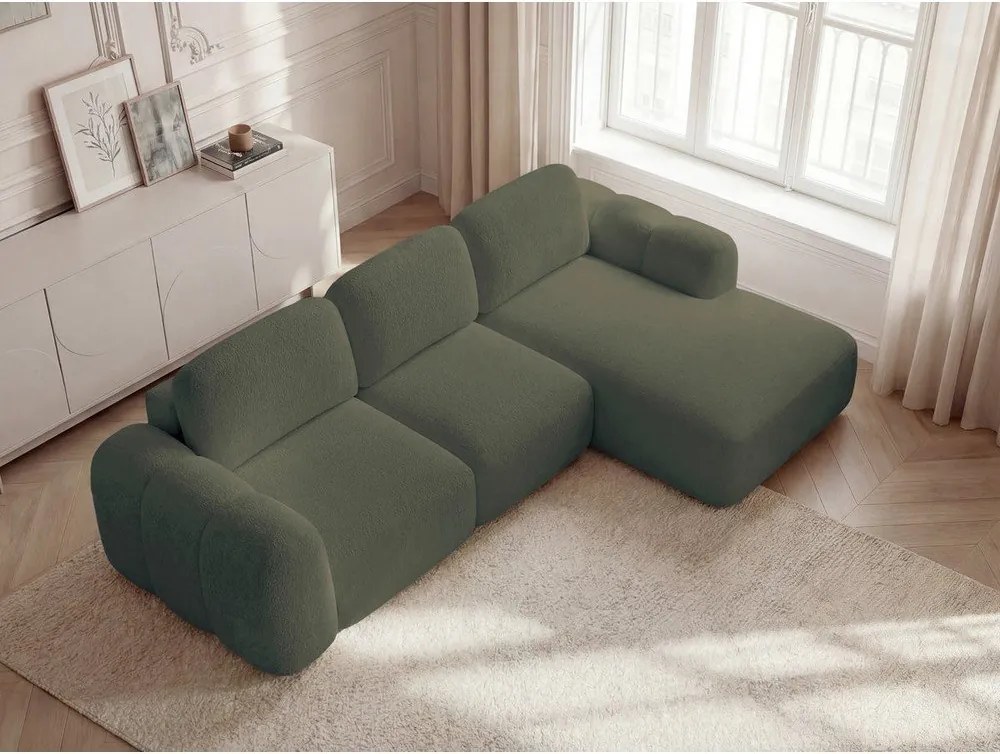 Zöld buklé kinyitható-tárolóhelyes sarokkanapé (jobb oldali-heverő résszel) Montaigne – Bobochic Paris