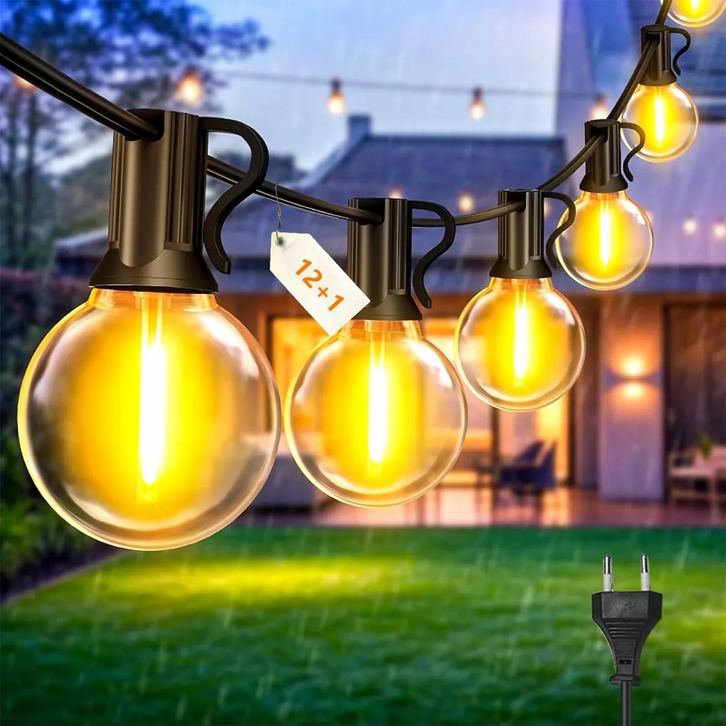 Kerti fényfüzér 10M 12+1X Led izzó Lánc IP44