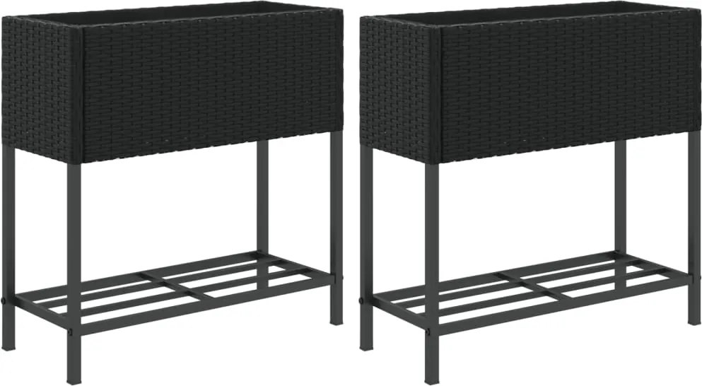 vidaXL 2 db fekete polyrattan kerti ültetőláda polccal 70 x 28 x 70 cm