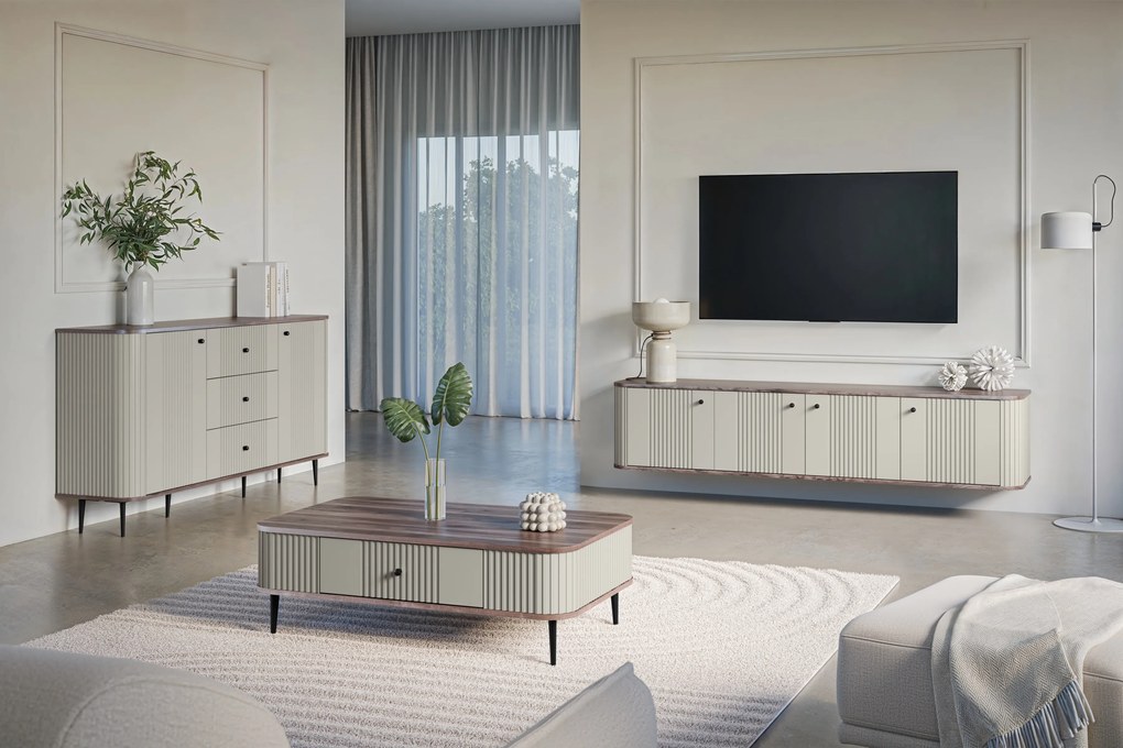 Vesper 4D függő TV-szekrény 187 cm - kasmír / diófa / fekete fogantyúk