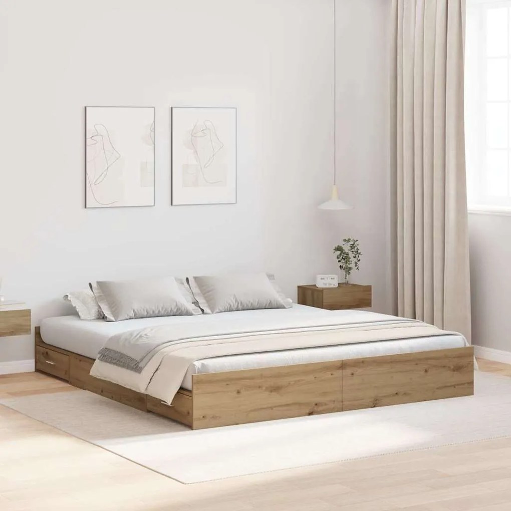 Ágykeret tárolóval fiókkal kézműves tölgy 200 x 200 cm Faanyag