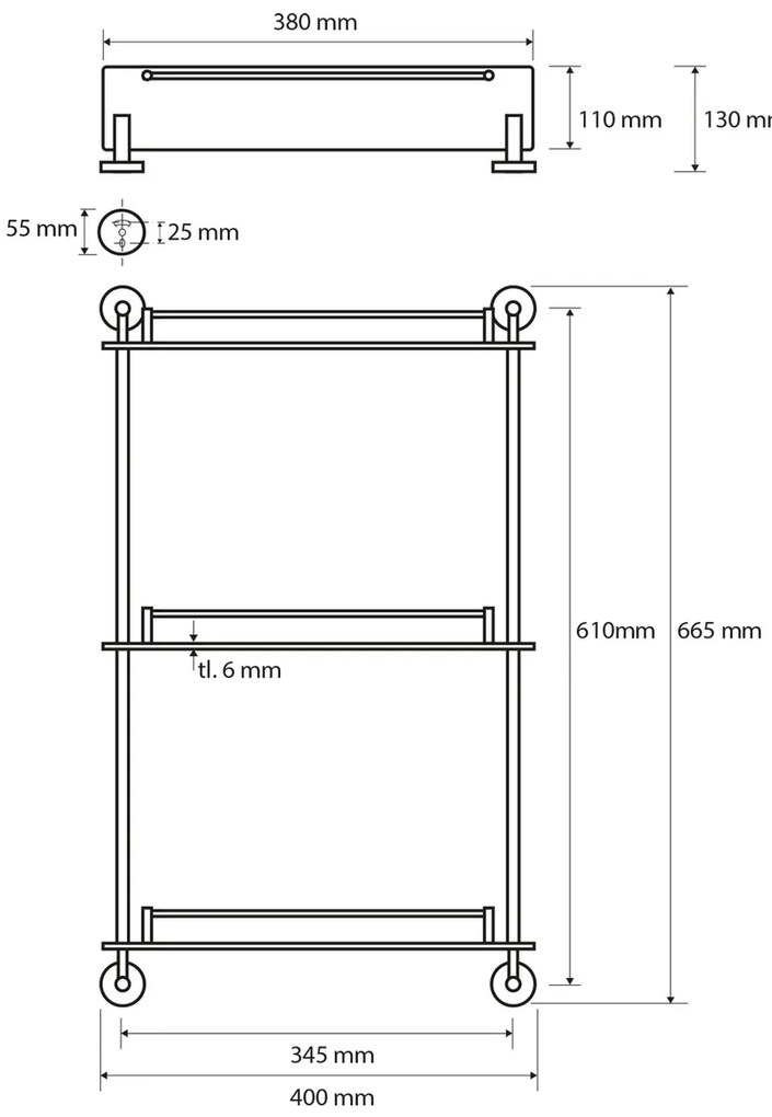 SAPHO XR608 X-Round E üveg polc hármas, rúddal 38x 67,5 x 13 cm