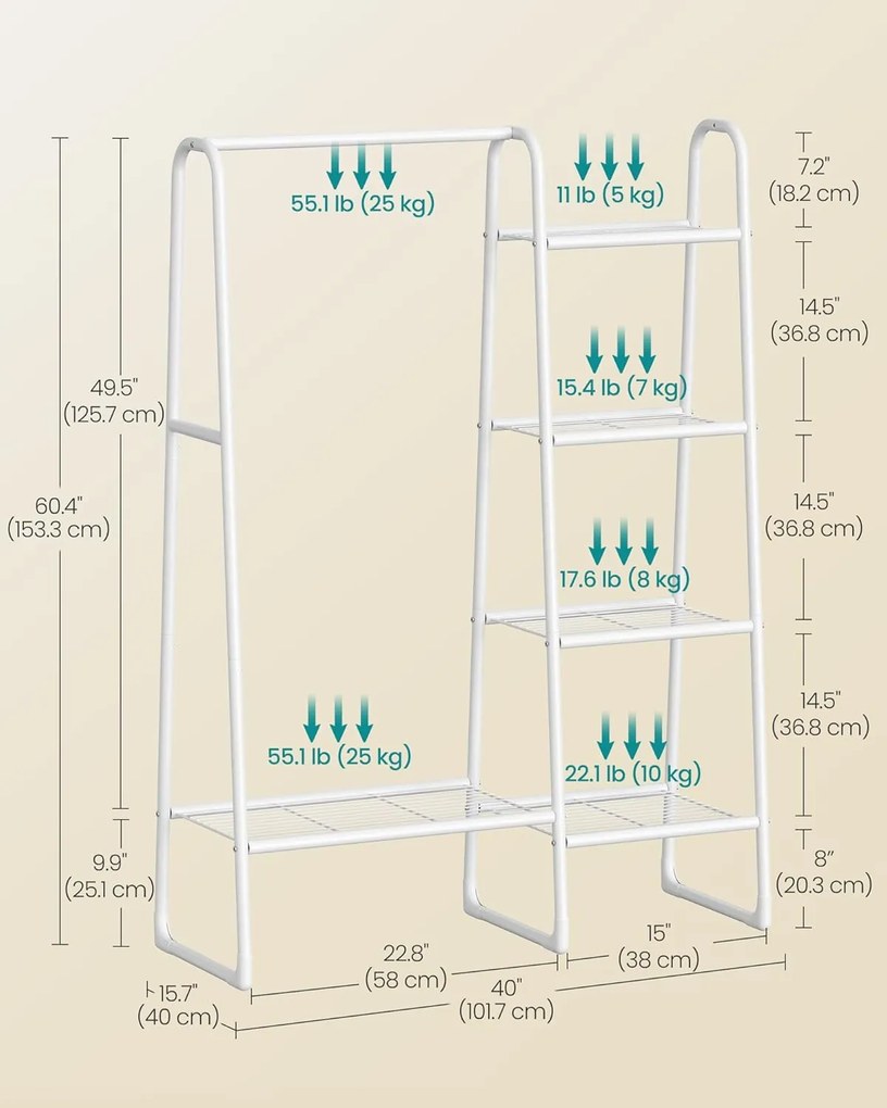 SONGMICS Ruhatartó állvány, ruharúddal és 5 tárolópolccal 40×101×153 cm, fehér