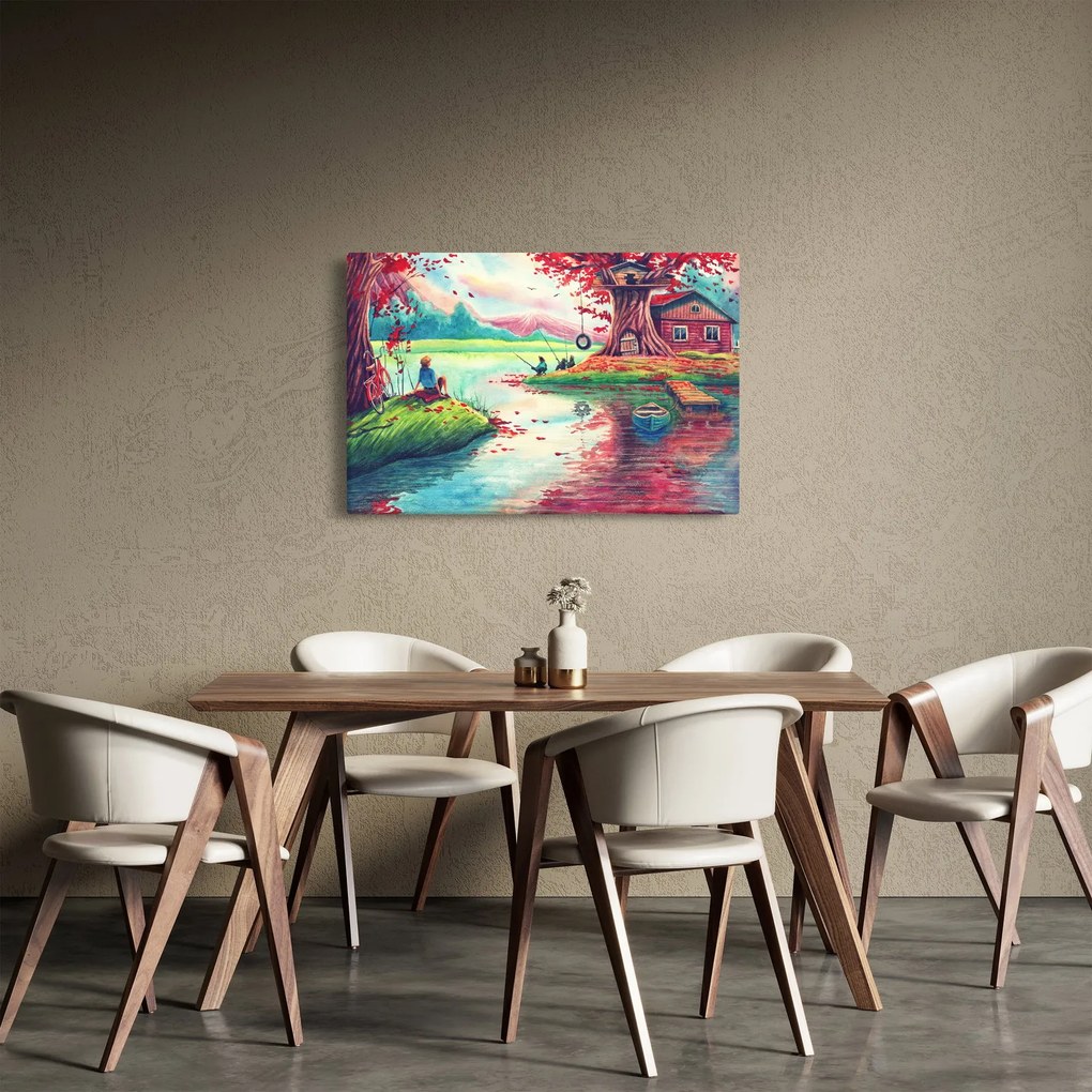Kép - akvarell, Öböl egy hegyi faluban (90x60 cm)