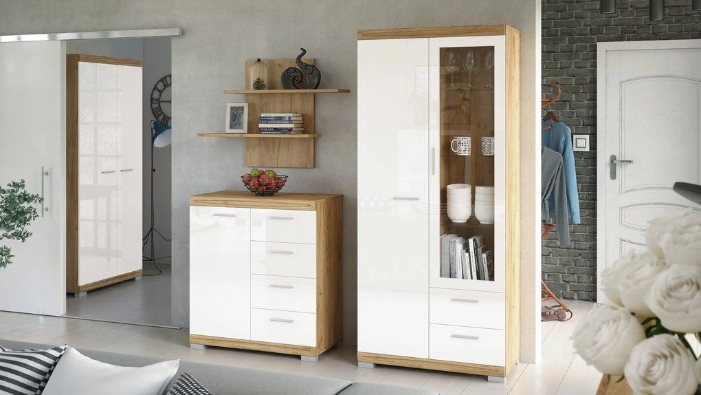 Mazzoni SIMPLE KWD2SZ2 magas komód Arany Tölgy/Fehér Fényes - VITRINES SZEKRÉNY NAPPALIBA KÖNYVESPOLC KOMÓD