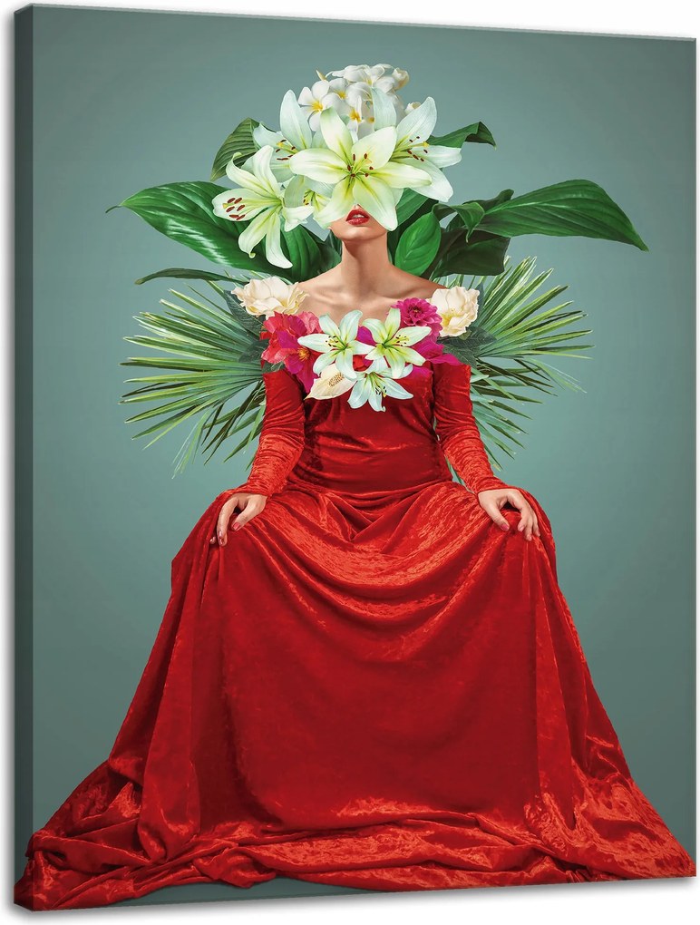Vászonkép Piros Ruha Nő Virágok 30x40 cm Ideális ajándék