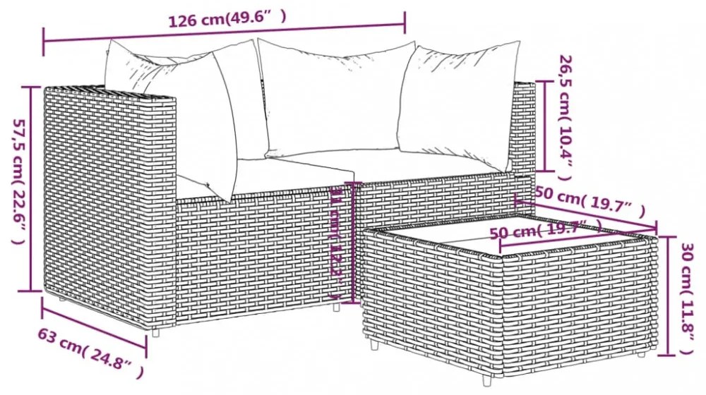 3 részes barna polyrattan kerti ülőgarnitúra párnával