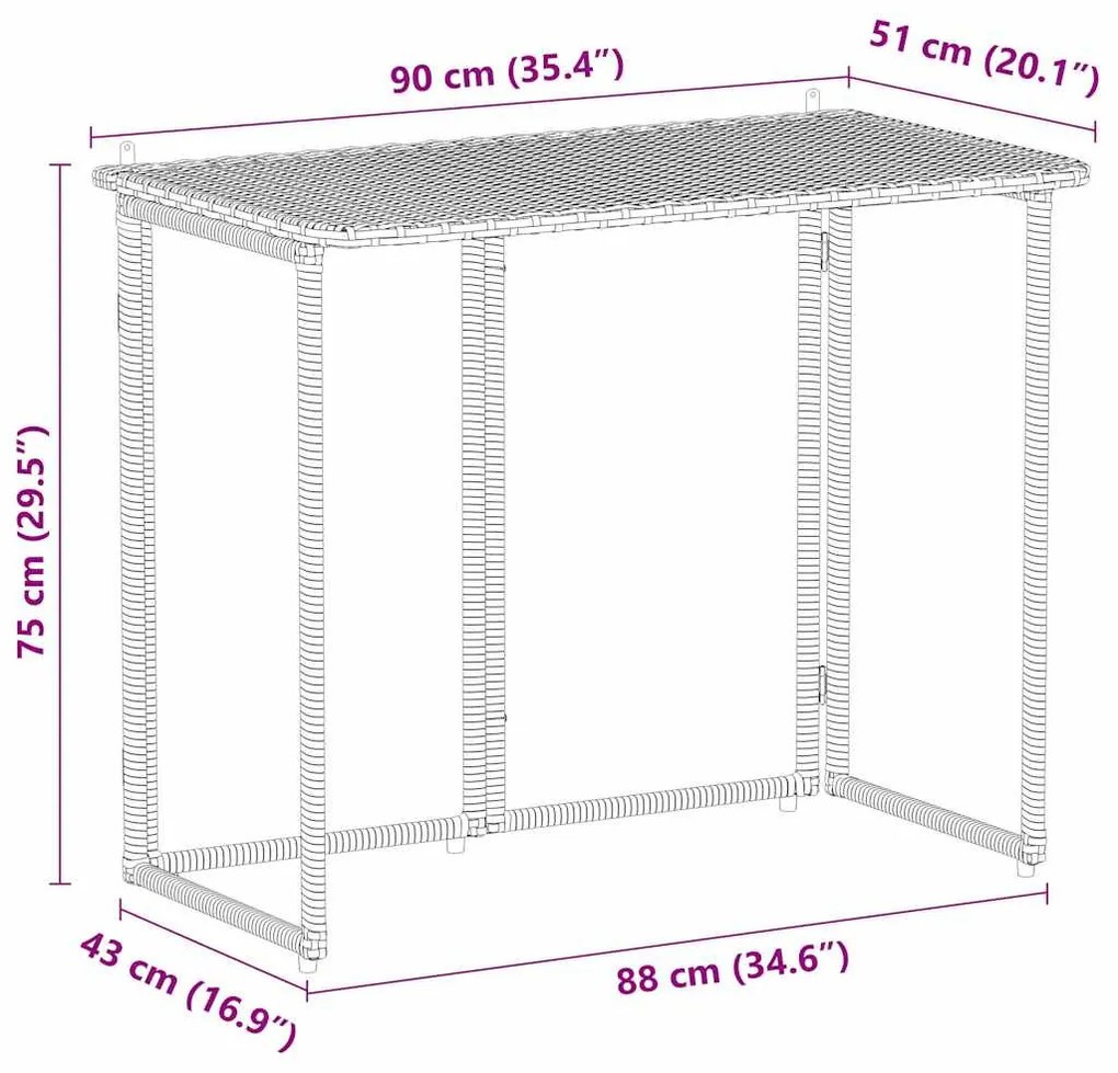 fekete polyrattan összecsukható kerti asztal 90x51x75 cm