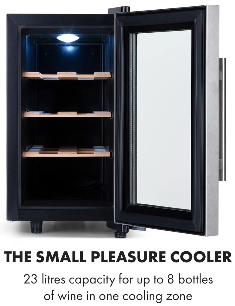 Klarstein Reserva 8 Uno, borhűtő, 23 liter, 8 palack, 11-18 ° C, 26 dB, rozsdamentes acél