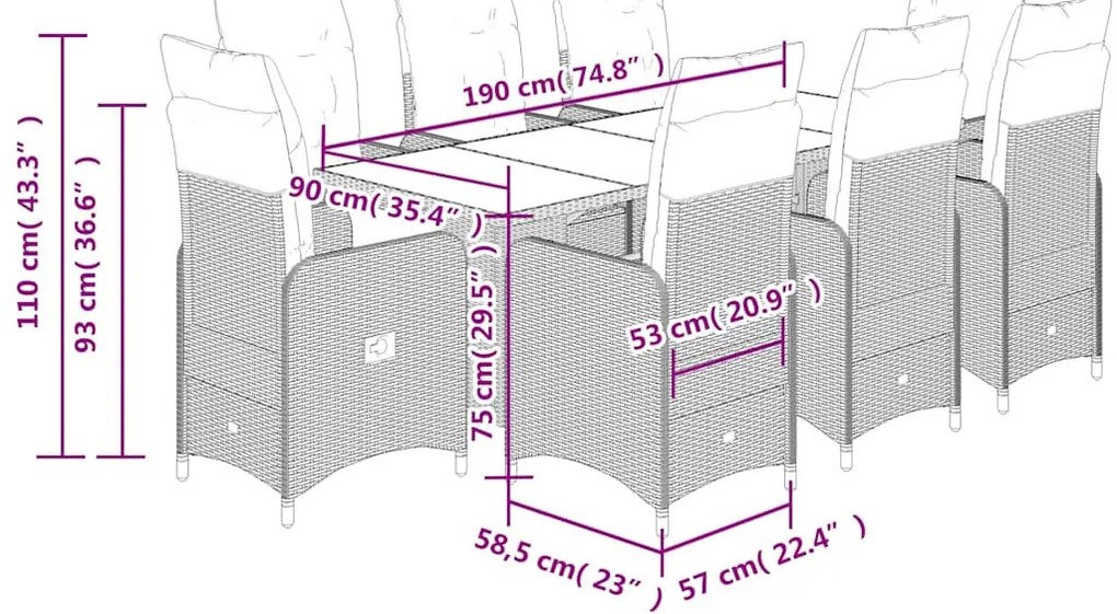 vidaXL 9 részes barna polyrattan kerti bisztrógarnitúra párnákkal