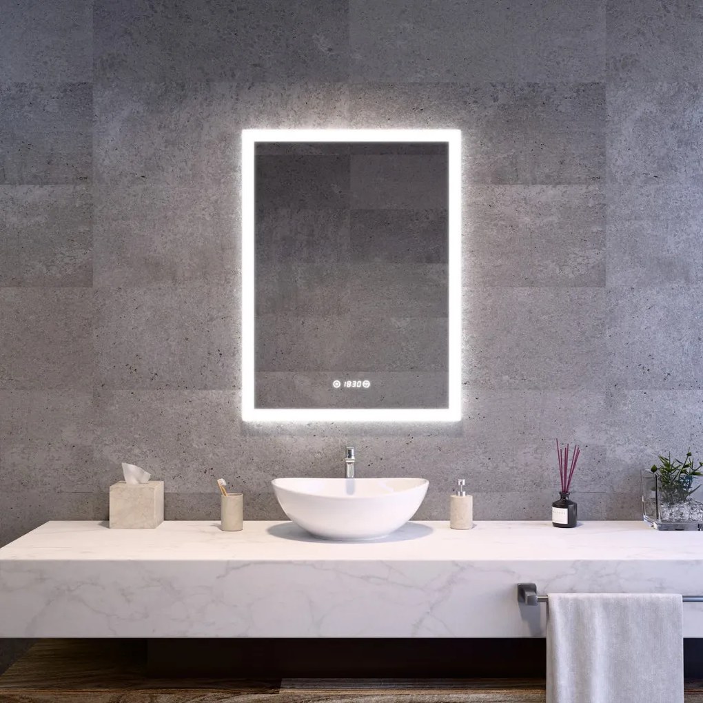 Álló fürdőszobai LED tükör 60x80cm | Páramentesítő - Óra - Fényerő és színhőmérséklet szabályozás | Welland Luxury-Line G1097