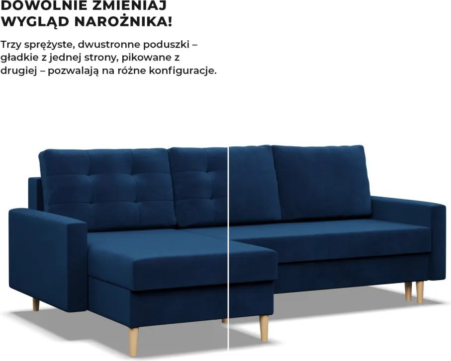 Etna sarokkanapé, 2 ágyneműtartóval, bársony, univerzális oldal, bonell töltet, kék