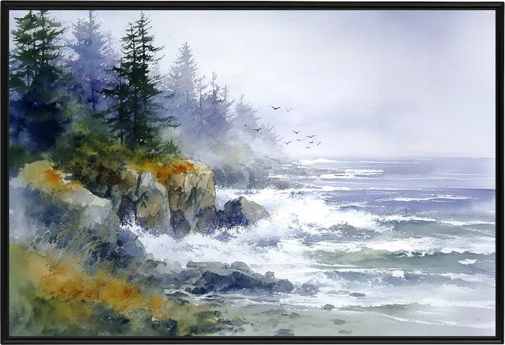 Poszter Keret Alumínium Tájkép Tenger Hullámok Part Erdő Sziklák Fák 60x40