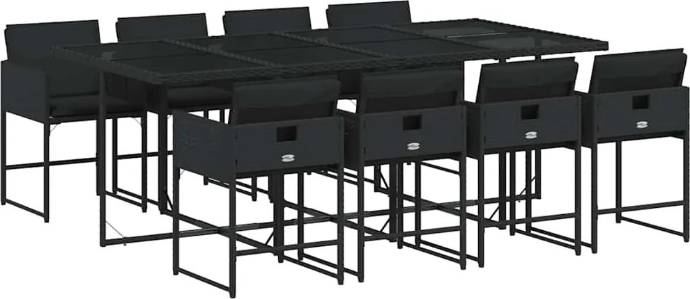 vidaXL 9 részes fekete polyrattan kerti étkezőgarnitúra párnákkal