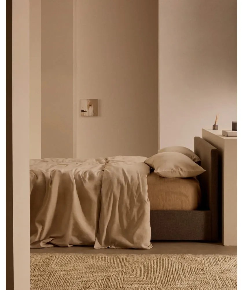 Szürke kárpitozott ágyneműtartós egyszemélyes ágy ágyráccsal 90x200 cm Nahiri – Kave Home