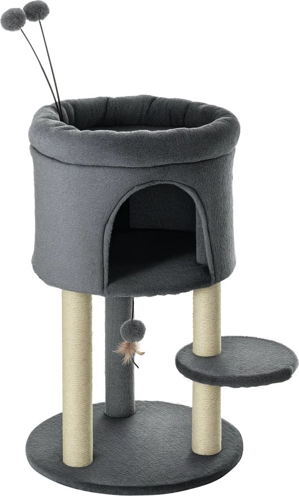 PawHut Macska Fa 73.5H cm Macska Kaparószlop Macska Bújóval és Játék Labdával Mászófa Sisak Pole Macska Játék Plüss Szürke + Krémfehér | Aosom