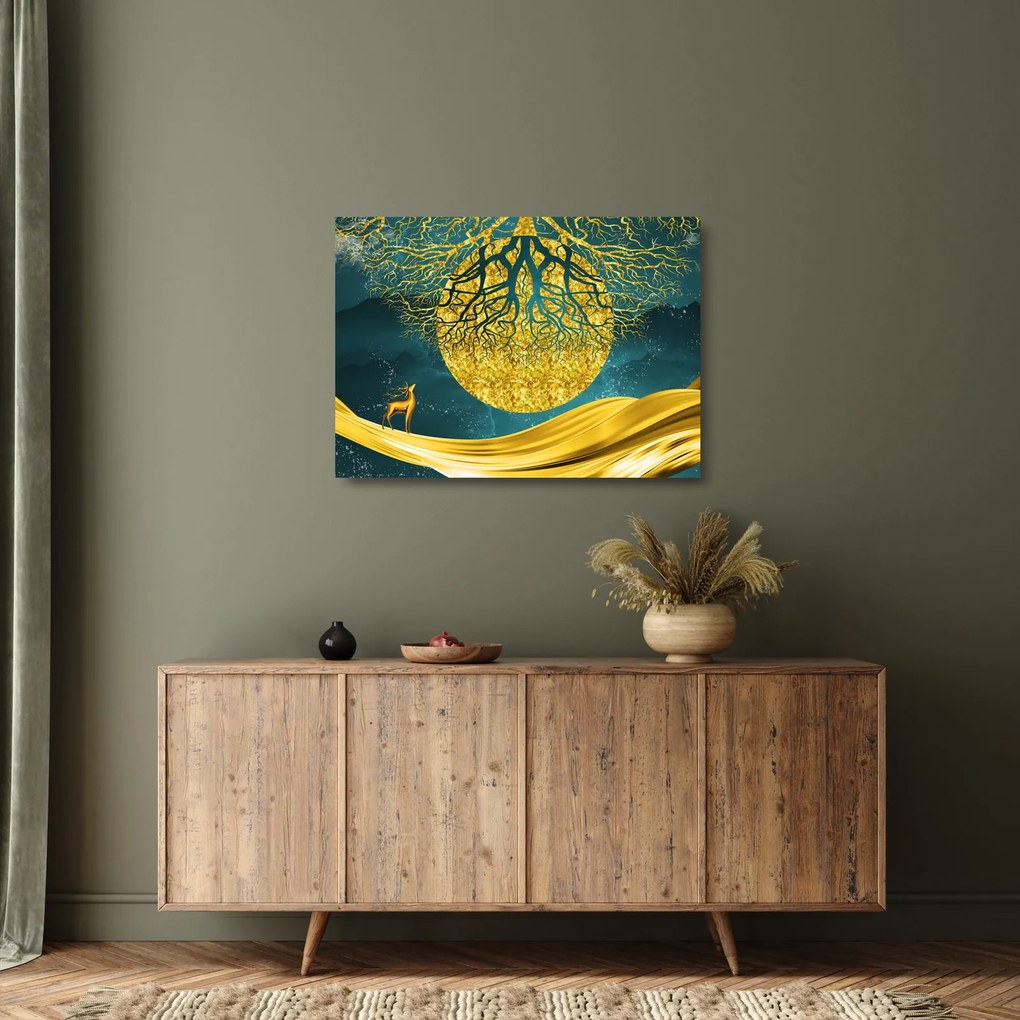 Kép - absztrakció, arany táj (üvegen) (70x50 cm)