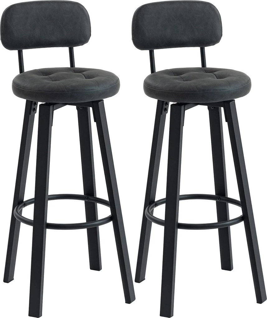 HOMCOM 2 db forgós bárszék, PU műbőr, háttámla, fém lábtartó — sötétszürke | Aosom