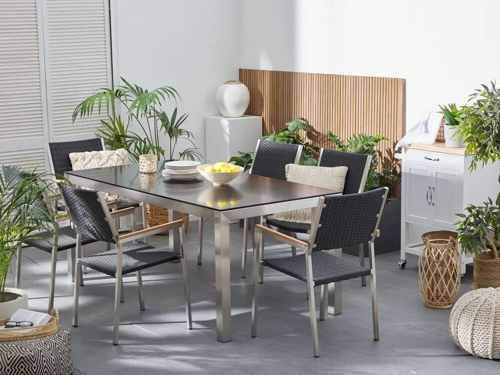 Kerti étkező szett Grosso (fekete) (üveglappal 180x90 cm) (rattan szék) (üveg). 1011749
