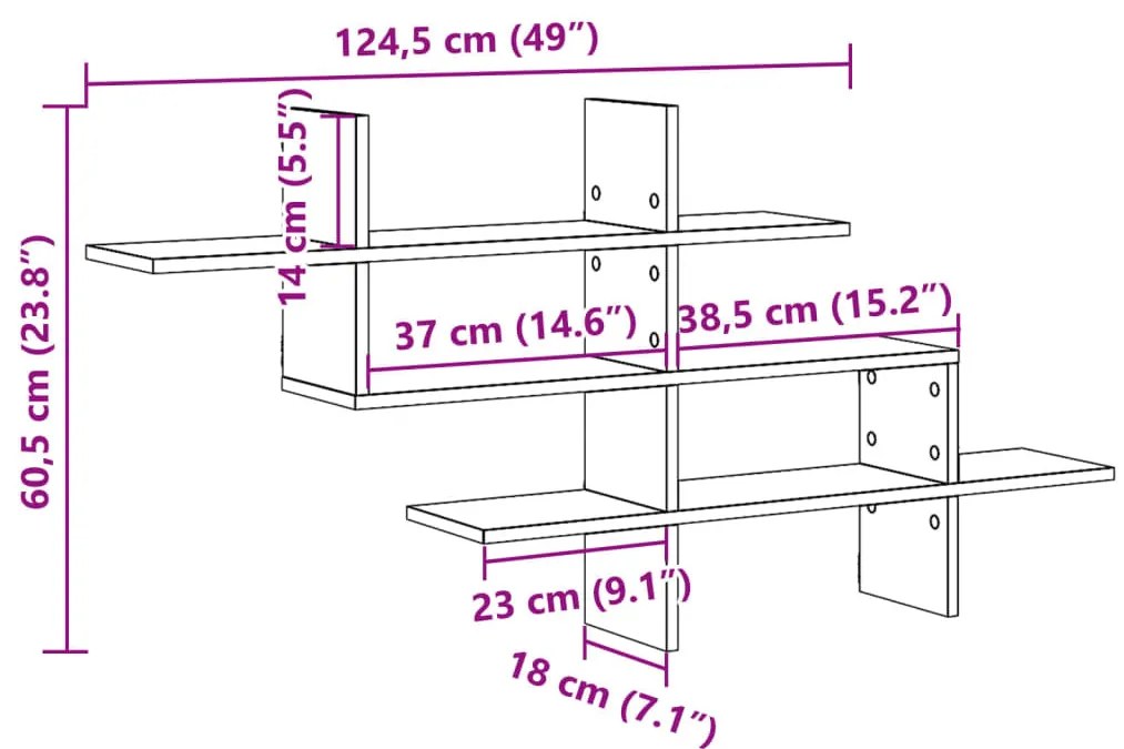 fekete szerelt fa fali polc 124,5 x 18 x 60,5 cm