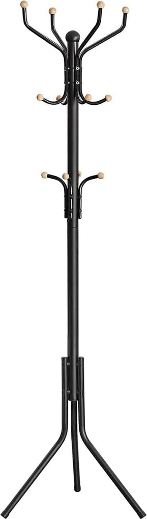 Fém álló fogas és ruhafogas 12 kampóval, fa gömbvégekkel, 182 cm, fekete