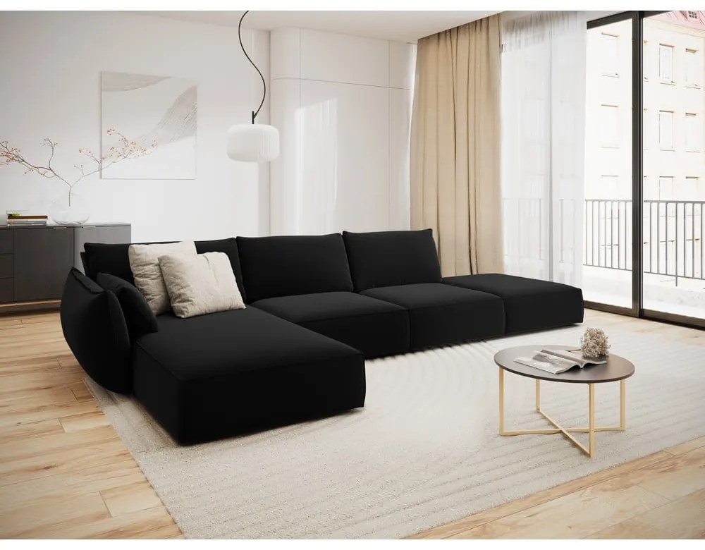 Fekete bársony sarokkanapé (bal oldali-heverő résszel) Vanda – Mazzini Sofas