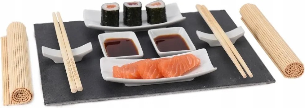 2x Sushi tálaló szett Tálca Kő Tálak Pálcikák Szőnyeg Ajándék