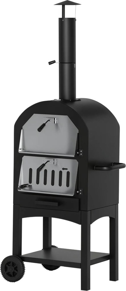 Outsunny 2 az 1-ben kültéri pizza sütő kerekekkel, BBQ grillező fedéllel, pizzakemence, 2 grillrács, grillező kocsi kéménnyel, 3 szintes fával működő