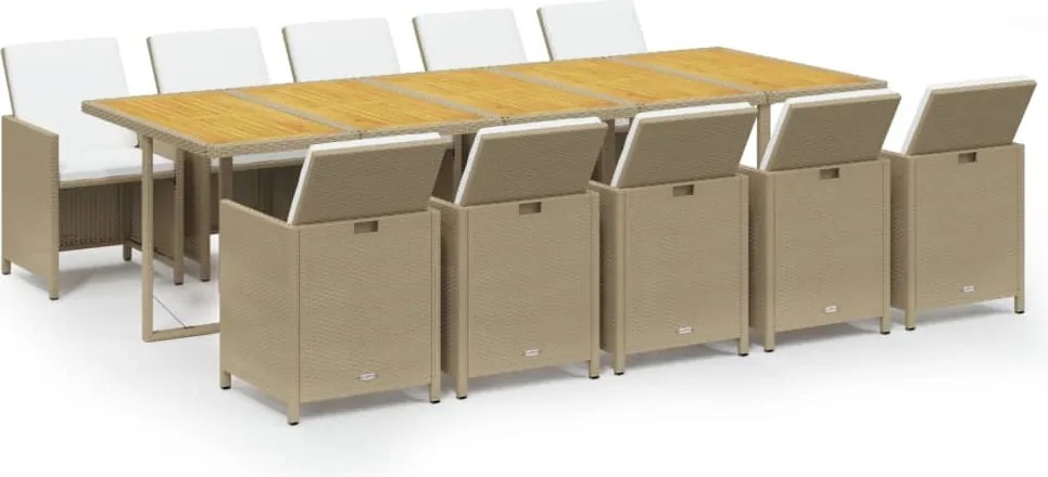 vidaXL 11 részes bézs polyrattan kerti étkezőgarnitúra párnákkal