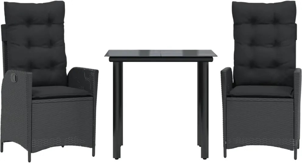 vidaXL 3 részes fekete polyrattan kerti étkezőgarnitúra párnákkal