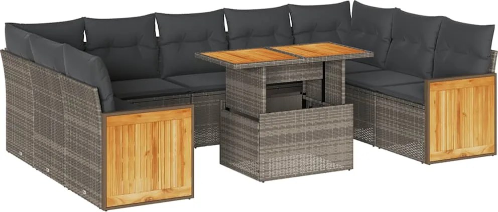 vidaXL 10 részes szürke polyrattan akácfa kerti ülőgarnitúra párnákkal