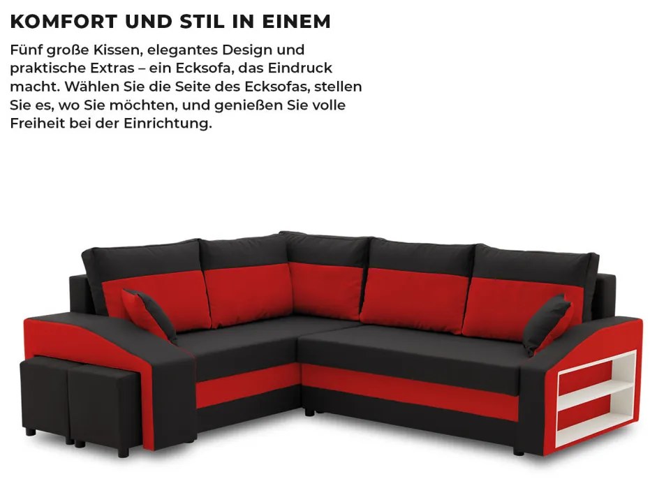Grande sarokkanapé polcokkal és puffokkal , polc a jobb karfaban puffok a bal karfaban, baloldali, szövet anyag, bonell töltet, fekete - piros
