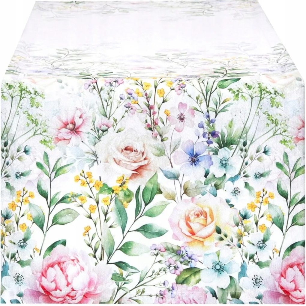 Asztalterítő 40x150 Dekoratív Fehér Virágok Rózsa 9877