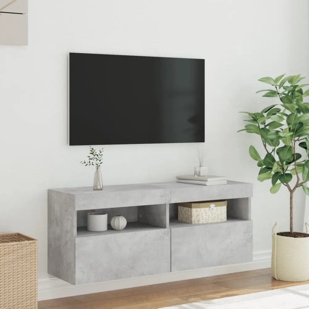 betonszürke falra szerelhető TV-szekrény LED-del 100x30x40 cm
