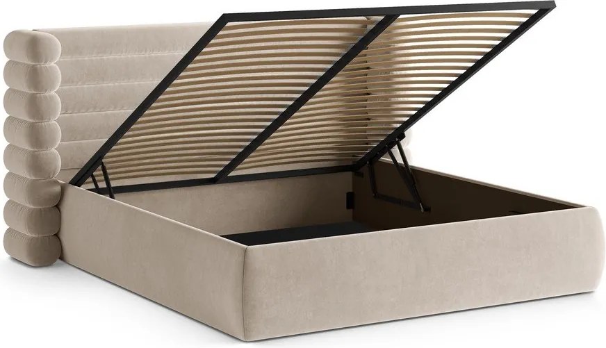 Bézs kárpitozott ágyneműtartós franciaágy ágyráccsal 200x200 cm Mount – Micadoni