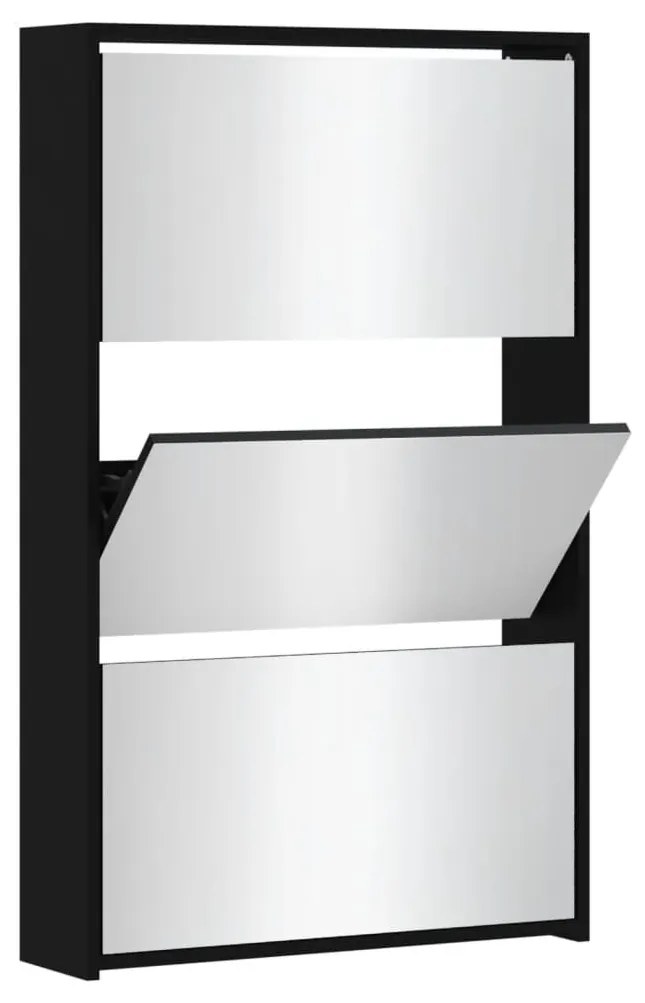 fekete cipősszekrény tükörrel, 3 rétegű, 63 x 17 x 102,5 cm
