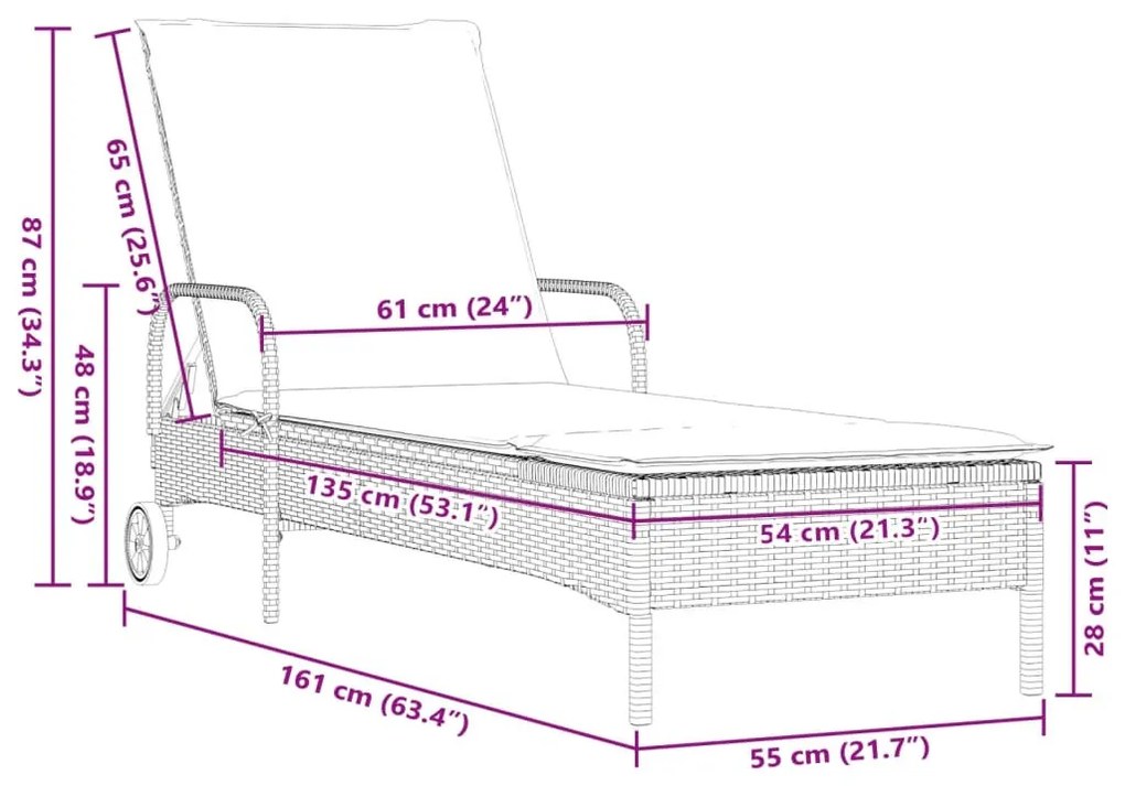 fekete polyrattan napozóágy kerekekkel és párnával