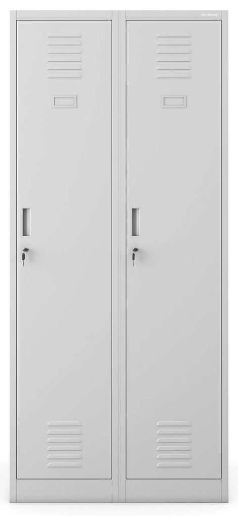 Pléh öltözőszekrény talpazaton, kétmodulos, polccal és köztes fallal KACPER, 800 x 1800 x 500 mm, szürke