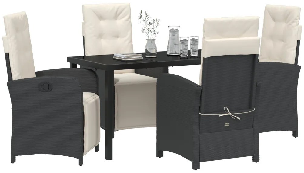 5 Darabos Kerti Étkezősor Párnákkal Fekete Poli Rattan, Kerti Asztal Fekete 140x80x73 cm Edzett Üveg