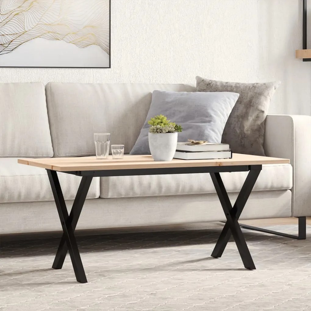 Tömör fenyőfa és acél dohányzóasztal X-vázzal 100x50x45 cm