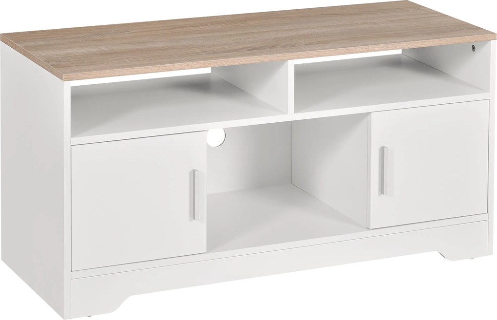 HOMCOM TV Szekrény TV Állvány Nappaliba Nagy Tárolóhellyel Nyitott Polcokkal Kábelkezelés Klasszikus Design 105x40x52 cm Fehér | Aosom