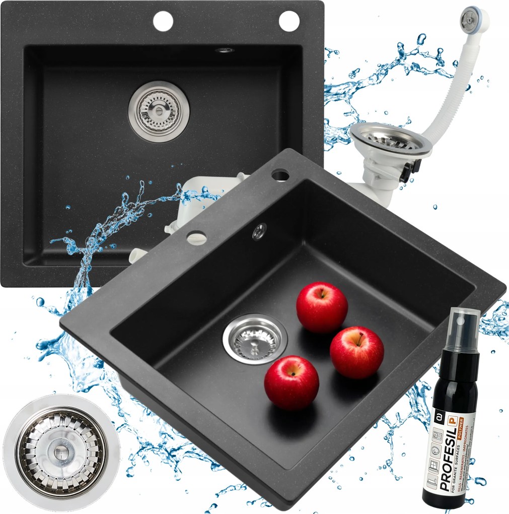 Egymedencés gránit mosogató Fekete 57x50 Annie 60 Szifon szett