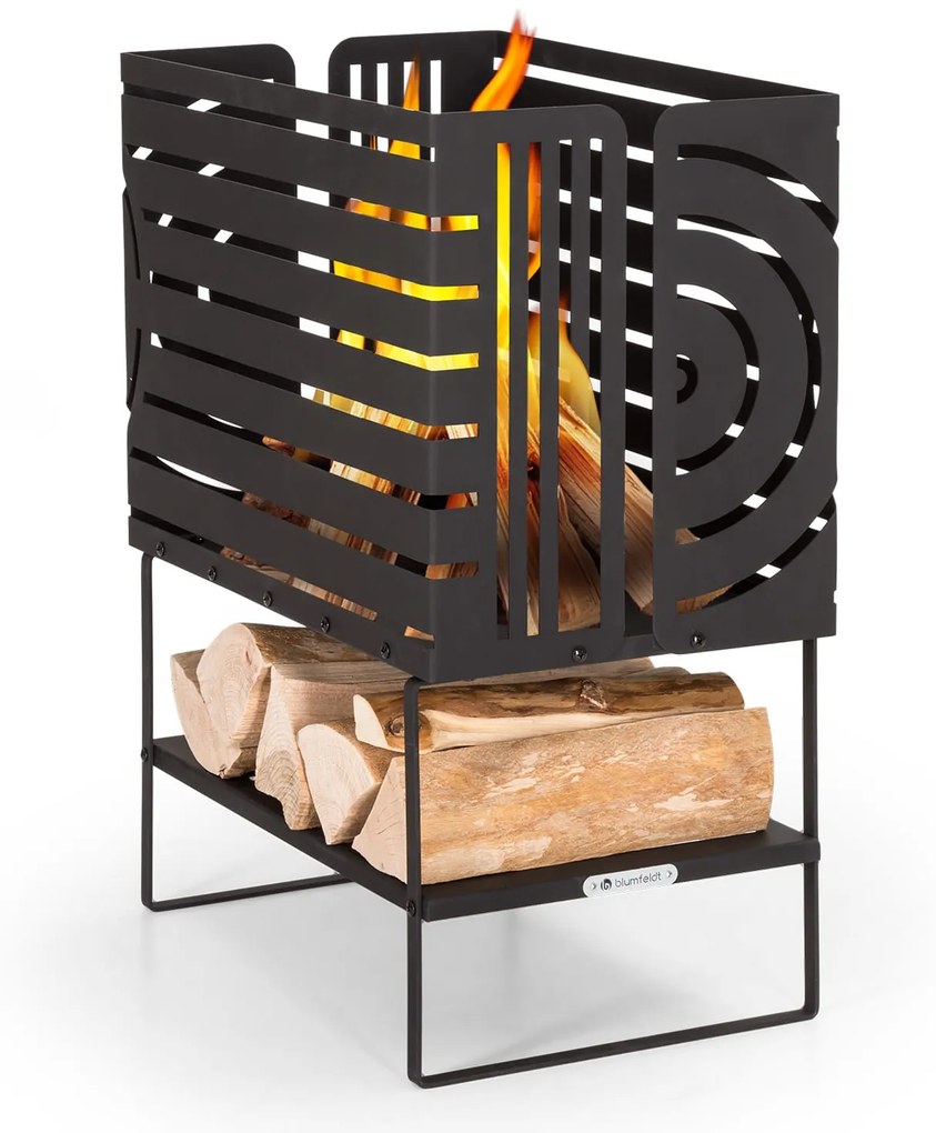 Blumfeldt Krakatoa, tűzrakóhely, tömör acél, fa tárolórekesz, lézer-vágott design